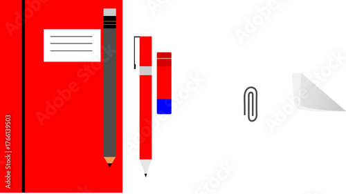 A red notebook, pencil, pen, paper clip, and a triangular piece of paper.