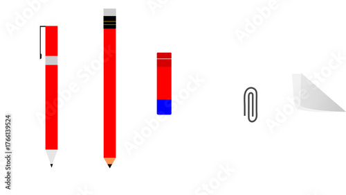 Illustration of a pen, pencil, eraser, paperclip, and piece of paper.
