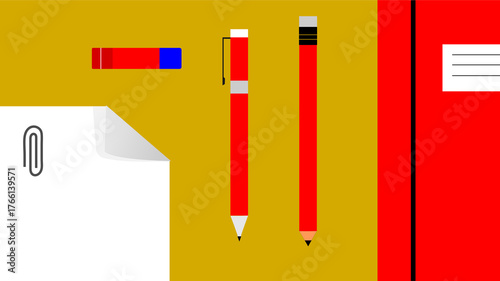 A flat design illustration of red stationery items including a pen, pencil, eraser, and notebook on a yellow background.