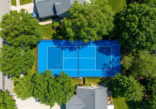 Aerial view of a pickleball court in a suburban neighborhood