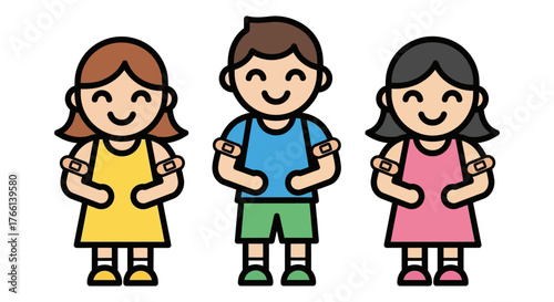 Children vaccinated smiling and wearing band-aids on arms illustrating kids healthcare and immunization advocacy supporting child wellness campaign