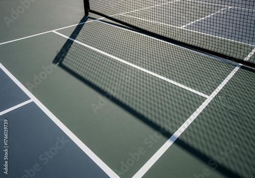Pickleball court lines and net shadow, creating abstract shapes