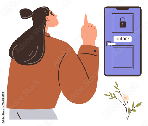 Woman pointing to locked door with unlock button, hinting at access, decision-making, and overcoming barriers. Ideal for problem-solving, opportunities, security, innovation, goals personal growth