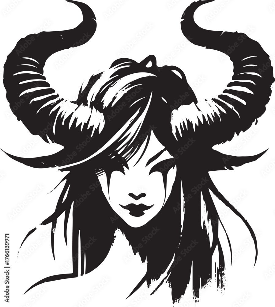 Fototapeta premium Mystic Oni Woman, Black and White Illustration in Traditional Japanese Style