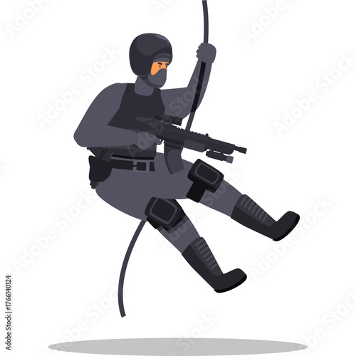 Special Forces Operator Descending on Rope Tactical Gear Black Helmet Mask Holding Rifle In Action Pose With Shadow Below Isolated On White Background