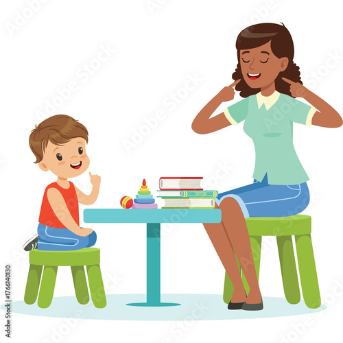Speech Therapist Teaching Young Boy Articulation Exercises With Toys and Books on Table Isolated on White Background
