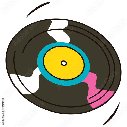 Spinning Vintage Vinyl Record With Colorful Abstract Design Elements and Grooves Set Against a Clean Transparent Background in a Dynamic Motion Blur Effect