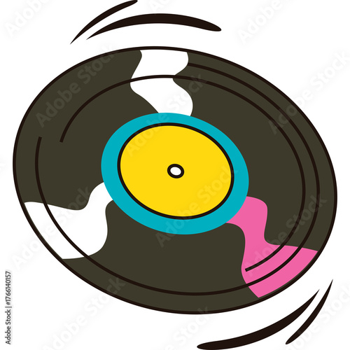 Spinning Vinyl Record With Yellow Blue And Pink Accents On Transparent Background