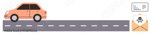 Car on a road facing an envelope with a danger sign next to a data chart. Ideal for cybercrime, online threats, awareness campaigns, technology, security, data protection, simple flat metaphor