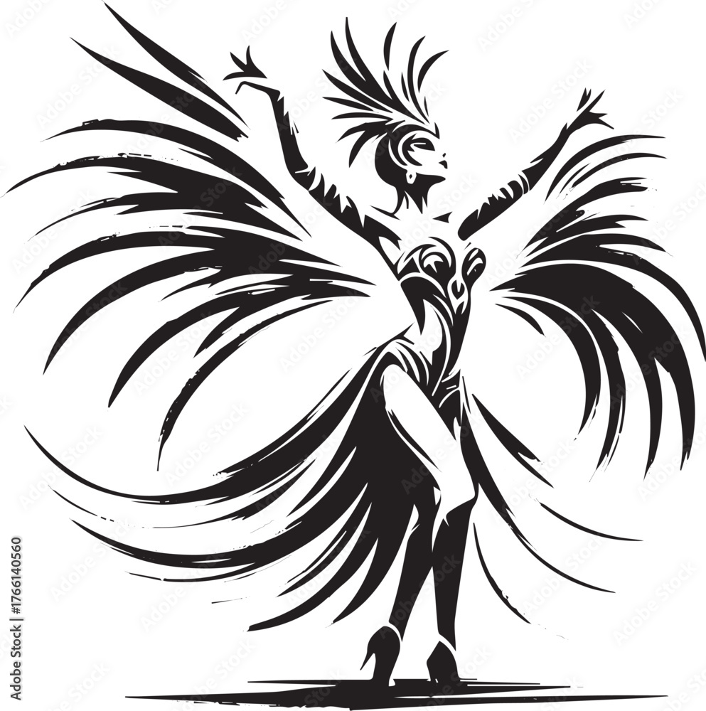 Obraz premium Elegant carnival dancer in sumi-e style, minimalist black and white illustration