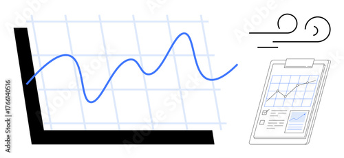 Line graph with upward trend on grid, clipboard with progress chart, breeze lines indicating change. Ideal for analytics, progress tracking, business trends, data growth, visualization, planning