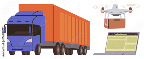 Large truck for freight transport, quadcopter delivering package, and a laptop screen for digital logistics. Ideal for shipping, e-commerce, technology, supply chain, logistics, innovation