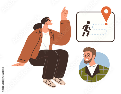 Woman sitting and pointing upward, navigation map with location pin, man in profile view. Ideal for navigation, communication, teamwork, planning, decision-making guidance education. Simple flat