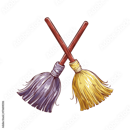 Cartoon illustration of two colorful crossed brooms for cleaning