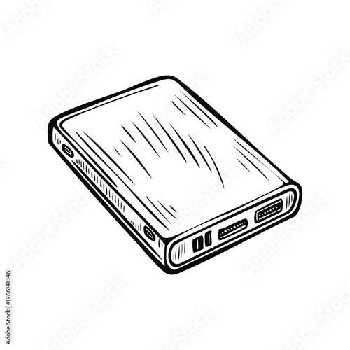 Hand drawn vector line art sketch of a portable power bank charger