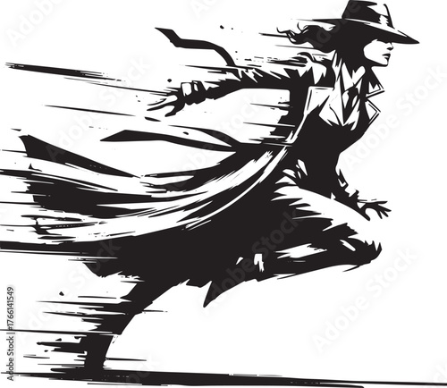 Dynamic sumi-e illustration of a woman with superhuman agility dodging