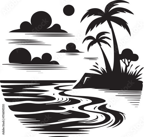 Minimalist Seashore Icon: Tranquil Tropical Landscape in Sumi-e Style Logo
