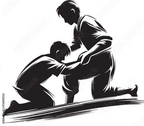 Monochrome illustration depicting compassion and solidarity during unrest