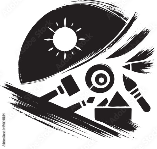 Minimalistic archaeological symbol with artistic brush stroke aesthetic