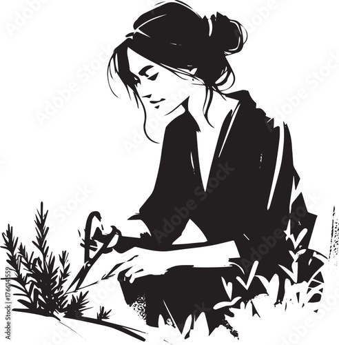 Ink wash illustration of a woman tending a small rosemary herb garden