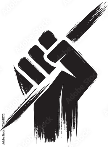 Abstract ink brush drawing of clenched fist holding writing tool aloft