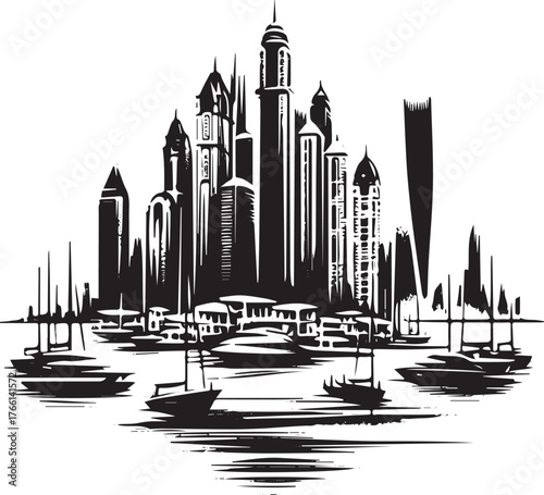 Stylized monochrome skyline featuring Dubai Marina and sailing boats icon