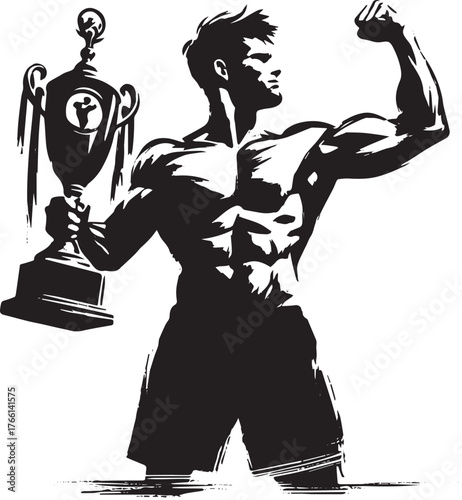 Victorious athlete flexing with trophy in black and white sumi-e illustration