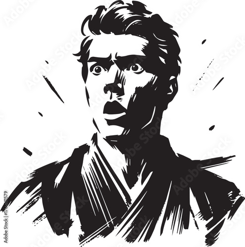 Expressive monochrome drawing of a man displaying a startled reaction artwork