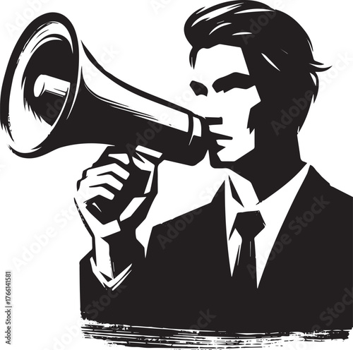 Monochrome illustration of a man shouting into a megaphone with determination