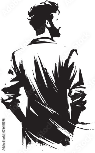 Monochrome Sumi-e Illustration of a Man in Contemplative Departure Pose