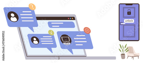 Laptop with chat bubbles, user icons, notification badges, and adjacent locked door. Ideal for online communication, identity security, privacy, data protection, teamwork notifications simple flat