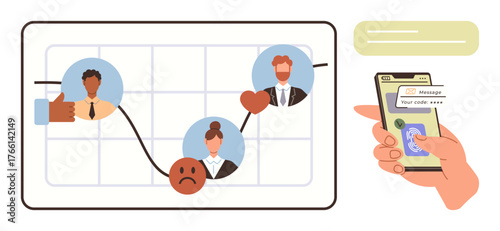 Chart tracking emotional states with emotions and professional portraits, hand using phone for data input. Ideal for feedback, communication, emotion, business, evaluation, analytics, simple flat