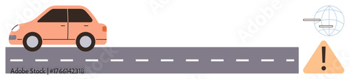 Orange car driving on gray road with dashed lines, warning sign, and global navigation elements. Ideal for navigation, driving safety, caution, global tracking, road warnings, transportation