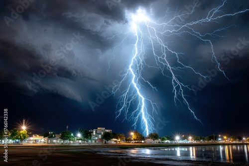Lightning Strikes Over Small Town at Night