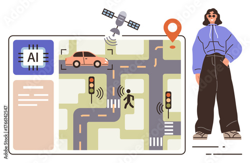 Autonomous car navigating AI-driven traffic system with pedestrian, signals, satellite, map marker. Ideal for tech evolution, AI integration, urban planning, smart mobility, automation future