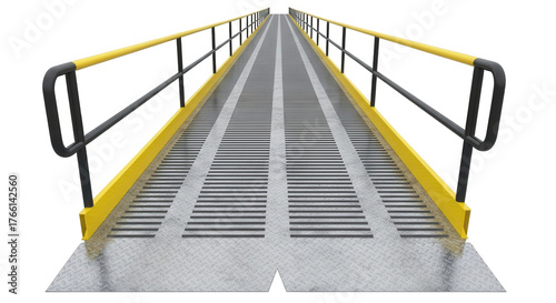 Perspective view of a metal ramp with handrails isolated on transparent background