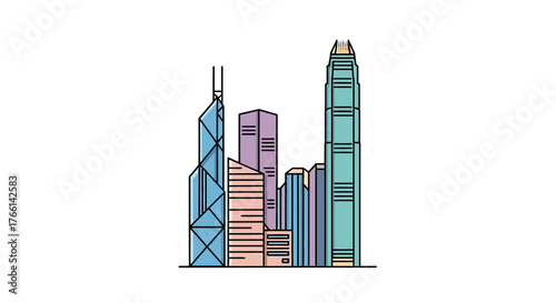 Hong Kong skyline illustration colorful buildings line drawing showcasing city architecture ideal for travel blog website header or urban design concept.