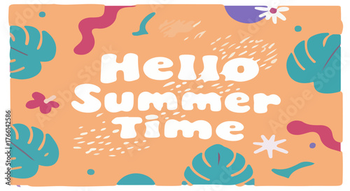 Hello summer time banner with tropical leaves vibrant design perfect for summer sale promotions seasonal content and vacation themed marketing materials