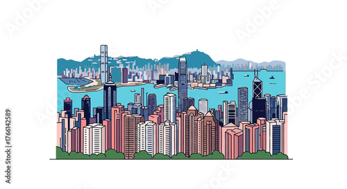 hong kong skyline illustration highlighting skyscrapers in victoria harbour a vibrant cityscape perfect for travel blogs and urban development presentations.