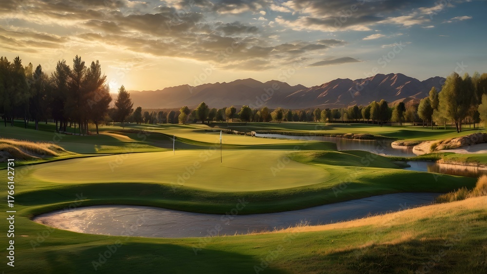 Naklejka premium Luxury golf course at sunset with mountain view and golden light reflection