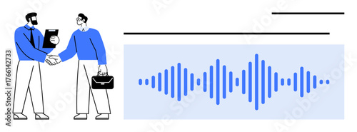 Two professionals shaking hands, one holding a clipboard, alongside an audio waveform. Ideal for partnership, innovation, technology, communication, business teamwork agreement. Simple flat