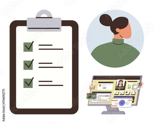 Clipboard with checklist, user profile avatar, digital workspace with media, charts, and email. Ideal for productivity, scheduling, collaboration, communication education task management
