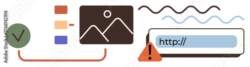 Dashboard displaying organized media, URL validation with warning alert, layered UI, and icons. Ideal for web development, error prevention, design systems, user interface, content audit media