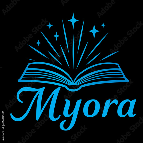 Luxurious logo of an open storybook with silver and blue sparkles featuring the name Myora in elegant style for celebration branding