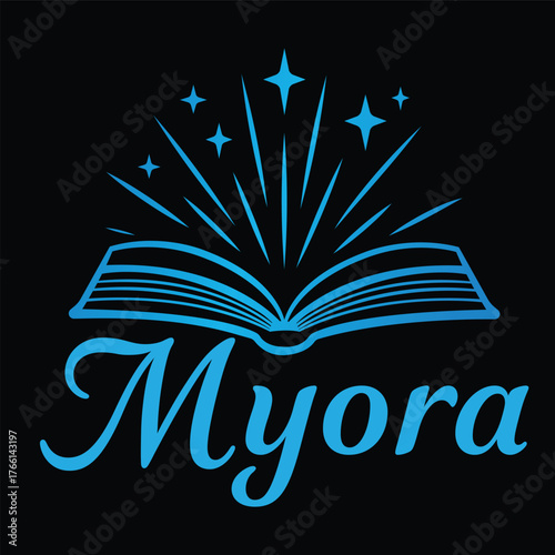 Luxurious logo of an open storybook with silver and blue sparkles featuring the name Myora in elegant style for celebration branding