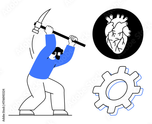 Person wielding pickaxe with heart and gear, blending hard work, passion, and mechanical progress. Ideal for teamwork, determination, innovation, productivity, industry persistence simple flat
