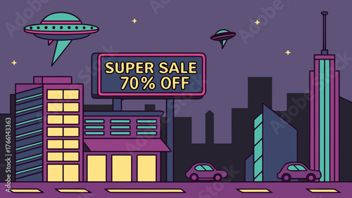 Super sale seventy percent off city night promotion advertising discount offer limited time special deal vector art