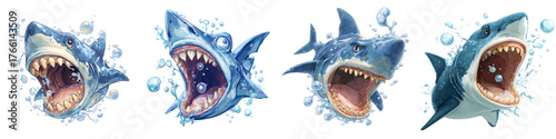 Fun cartoon shark collection with open mouths, perfect for children's books, educational materials, or vibrant animated designs, expressing underwater sea life