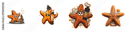 Whimsical starfish characters vaping e-juice, cartoon style, perfect for summer fun, beach vibes, and playful designs, ideal for branding and social media content