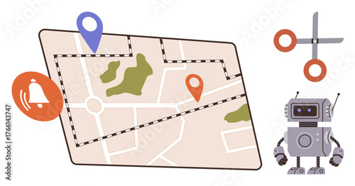 Navigation map with location markers, robot assistant, alert icon, and scissors highlighting location-based services. Ideal for technology, GPS, robotics, AI, automation geolocation and planning